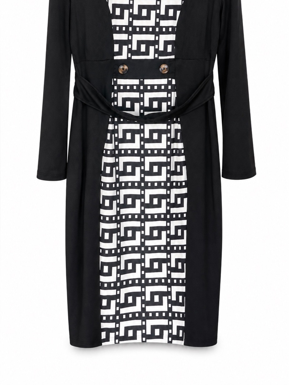 Long Sleeve Black Dress with White Geometric Front Panel